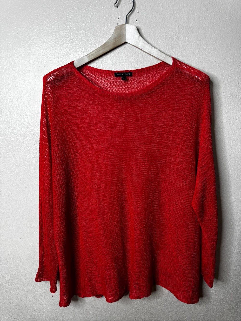 Eileen Fisher Slick Linen Blend Sheer Mesh Knit Top Women's XL Red